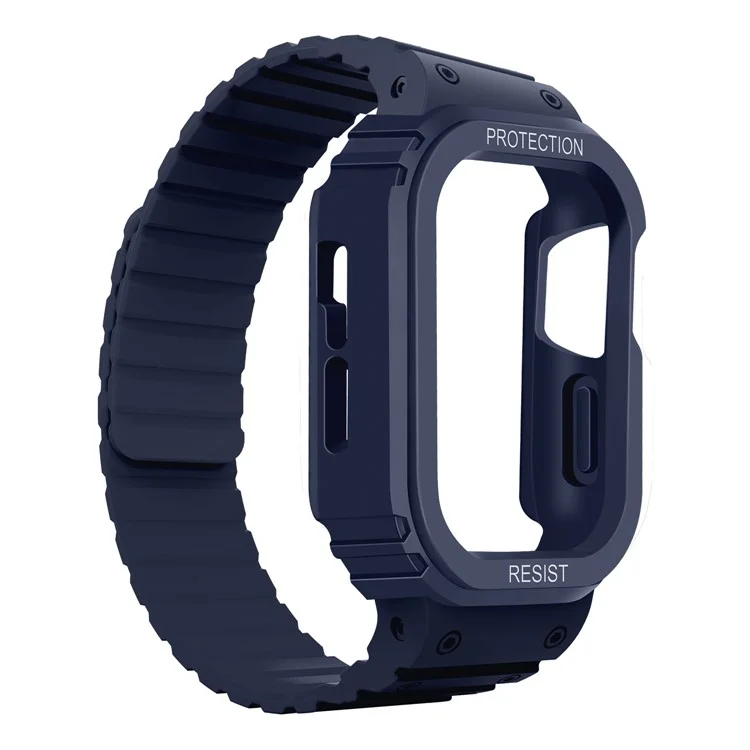 Banda de reloj magnética para Apple Watch Series 8 / 7 45mm / Series 6 / 5 / 4 / SE / SE (2022) 44mm, correa deportiva de silicona con carcasa - Azul medianoche