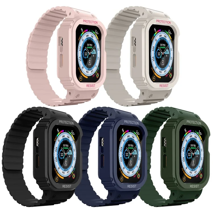 Banda de reloj magnética para Apple Watch Series 8 / 7 45mm / Series 6 / 5 / 4 / SE / SE (2022) 44mm, correa deportiva de silicona con carcasa - Azul medianoche