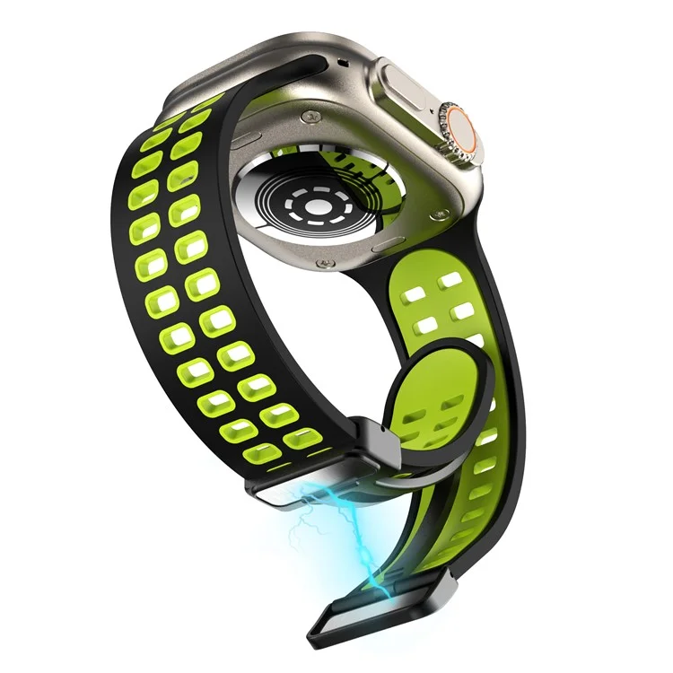 Para Apple Watch Series 9 / 8 / 7 41mm / 6 / 5 / 4 / SE (2023) / SE (2022) / SE 40mm / 3 / 2 / 1 38mm Pulseira Magnética Bicolor de Silicone - Preto / Verde Fluorescente