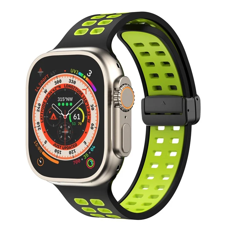 Para Apple Watch Series 9 / 8 / 7 41mm / 6 / 5 / 4 / SE (2023) / SE (2022) / SE 40mm / 3 / 2 / 1 38mm Pulseira Magnética Bicolor de Silicone - Preto / Verde Fluorescente