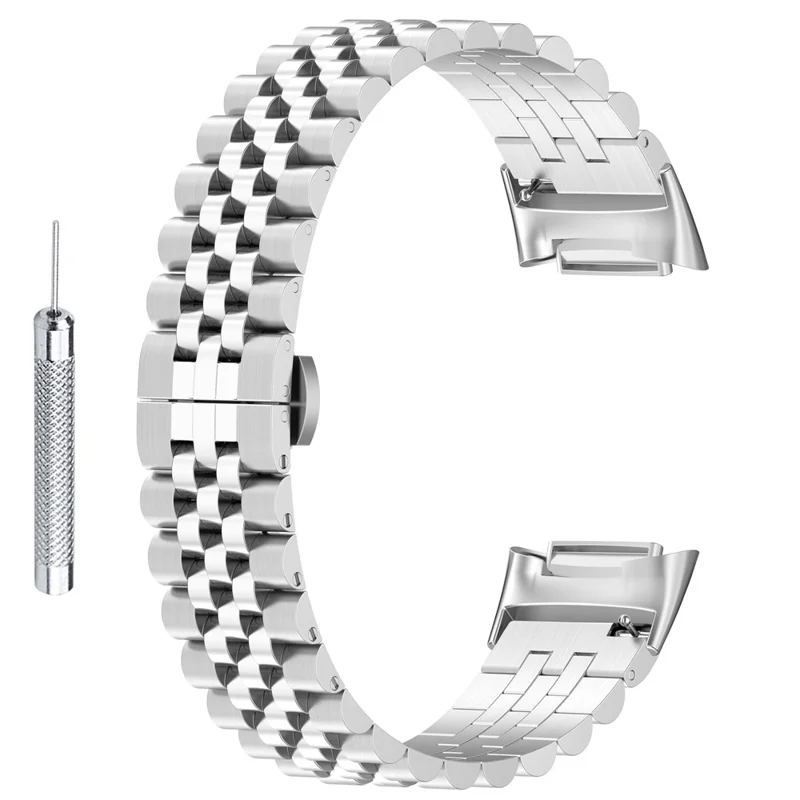 For Fitbit Charge 6 / 5 Stainless Steel Watch Band Butterfly Buckle Clasp 5 Beads Watch Straps Replacement with Tool - Silver