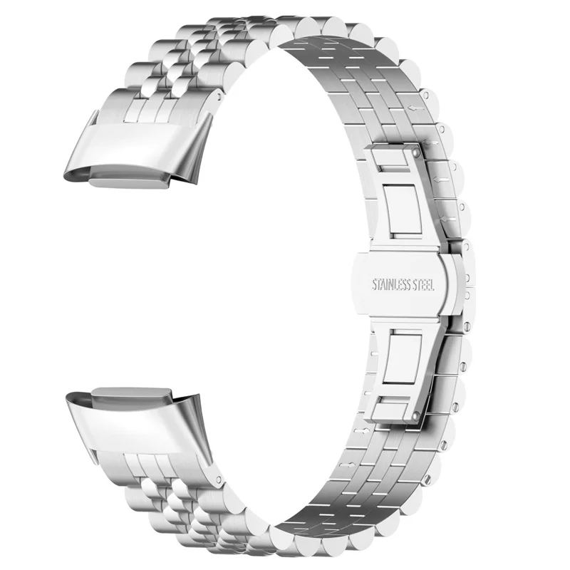 For Fitbit Charge 6 / 5 Stainless Steel Watch Band Butterfly Buckle Clasp 5 Beads Watch Straps Replacement with Tool - Silver