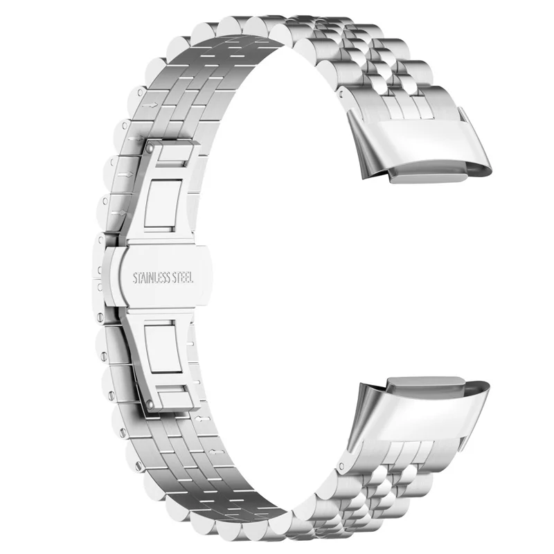 For Fitbit Charge 6 / 5 Stainless Steel Watch Band Butterfly Buckle Clasp 5 Beads Watch Straps Replacement with Tool - Silver