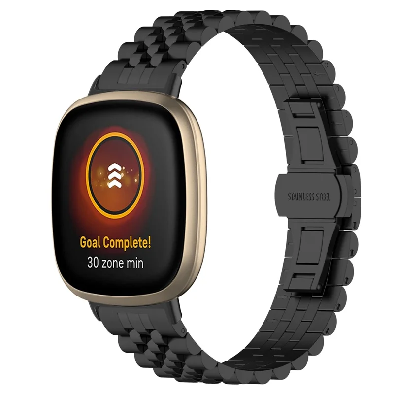 For Fitbit Versa 3 / Versa 4 Stainless Steel Watch Bands 5 Beads Watch Strap Replacement with Tool - Black