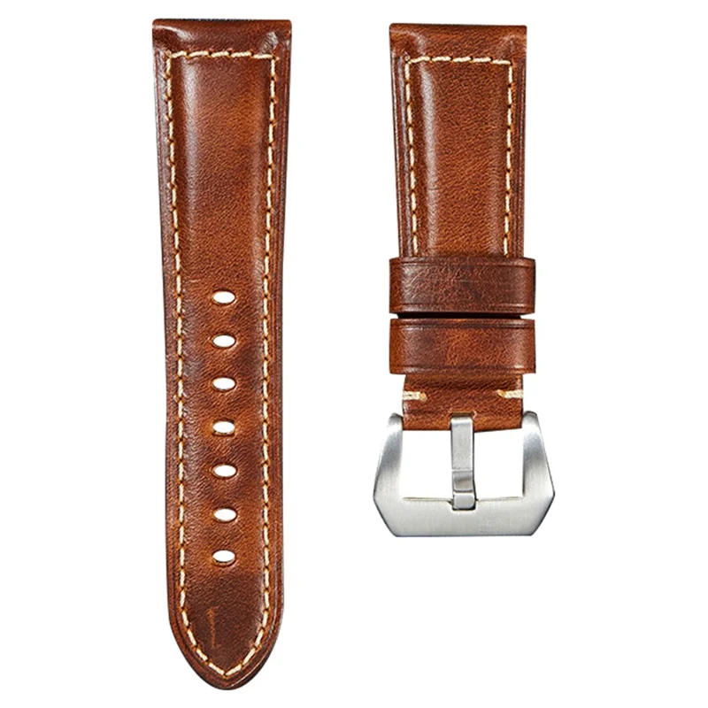 Retro Watch Band 22mm Genuine Cow Leather Wristwatch Strap - Light Brown / Silver Buckle