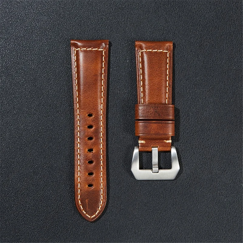 Retro Watch Band 22mm Genuine Cow Leather Wristwatch Strap - Light Brown / Silver Buckle