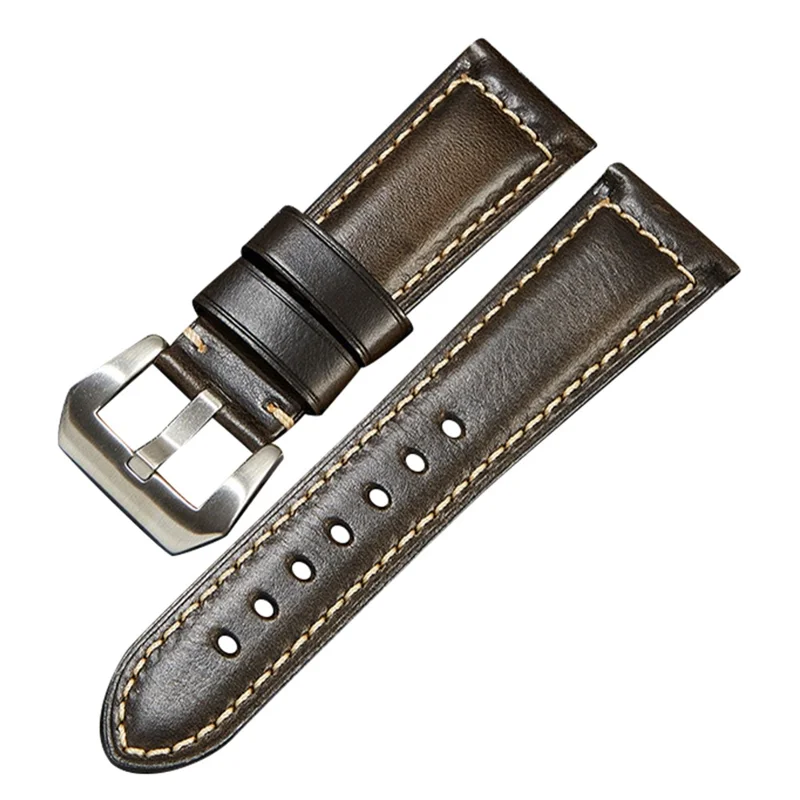 Genuine Cow Leather Retro Watch Band 24mm Universal Watch Strap - Black / Silver Buckle