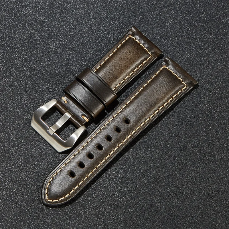 Genuine Cow Leather Retro Watch Band 24mm Universal Watch Strap - Black / Silver Buckle