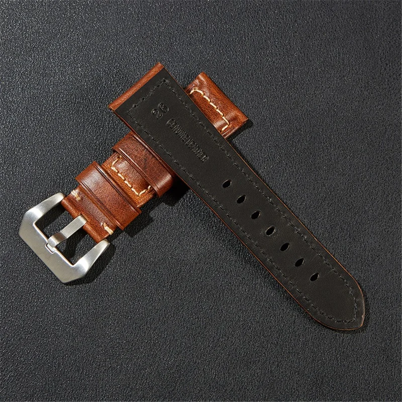 Genuine Cow Leather Retro Watch Band 24mm Universal Watch Strap - Black / Silver Buckle