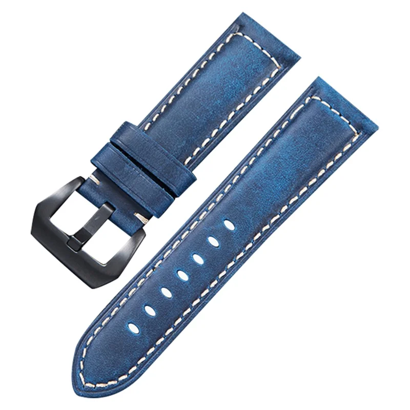 22mm Genuine Cowhide Leather Strap for Smart Watch Universal Vintage Watchband with Buckle - Sapphire / Black