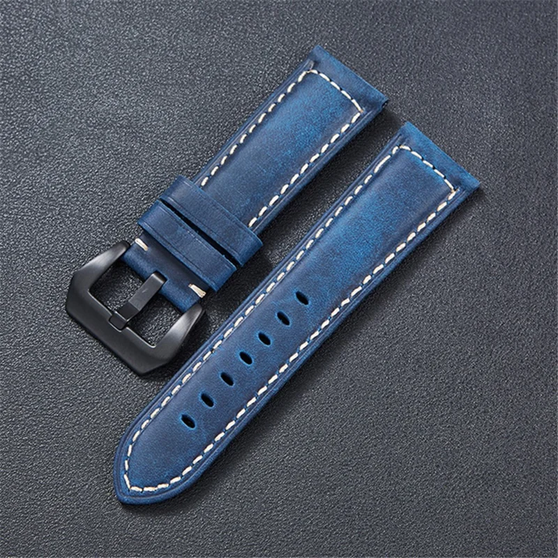22mm Genuine Cowhide Leather Strap for Smart Watch Universal Vintage Watchband with Buckle - Sapphire / Black