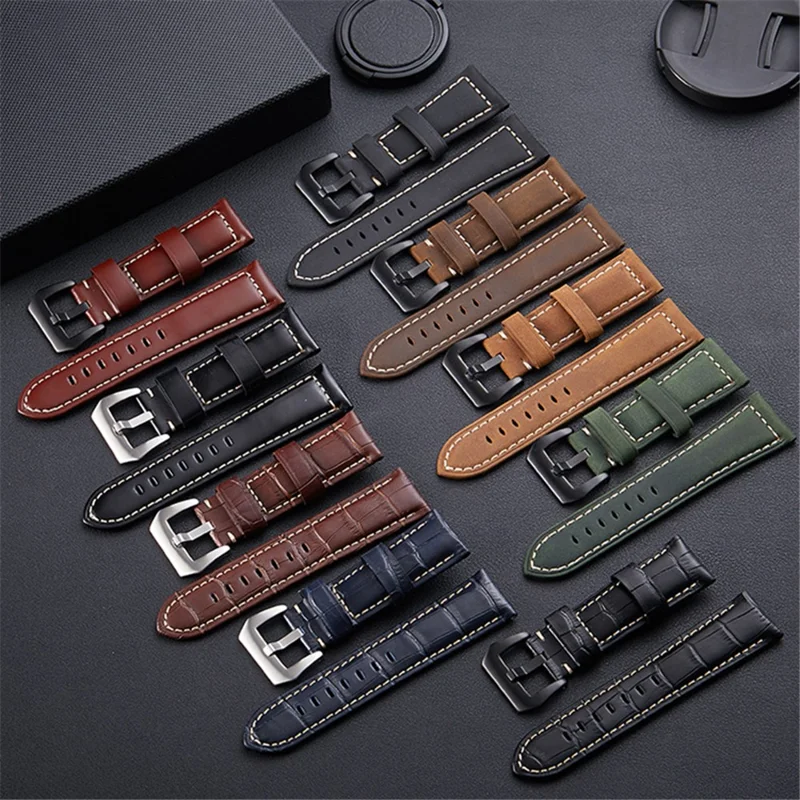 22mm Genuine Cowhide Leather Strap for Smart Watch Universal Vintage Watchband with Buckle - Sapphire / Black