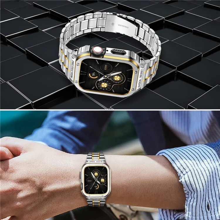 Para Apple Watch Series 6 / 5 / 4 / SE (2022) / SE 44mm 5 Cuentas Correa de Reloj de Metal Integral con Caja - Plata / Oro