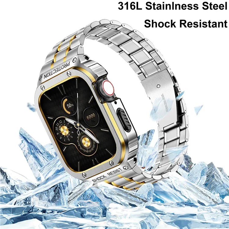 For Apple Watch Series 6 / 5 / 4 / SE (2022) / SE 44mm 5 Beads Metal Watch Strap Integral Watch Band with Case - Silver / Gold