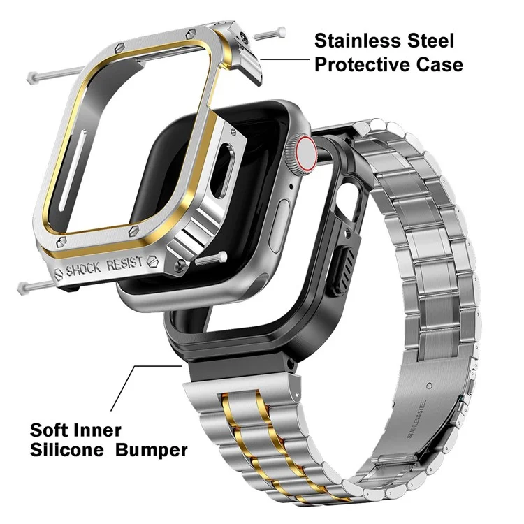 For Apple Watch Series 6 / 5 / 4 / SE (2022) / SE 44mm 5 Beads Metal Watch Strap Integral Watch Band with Case - Silver / Gold