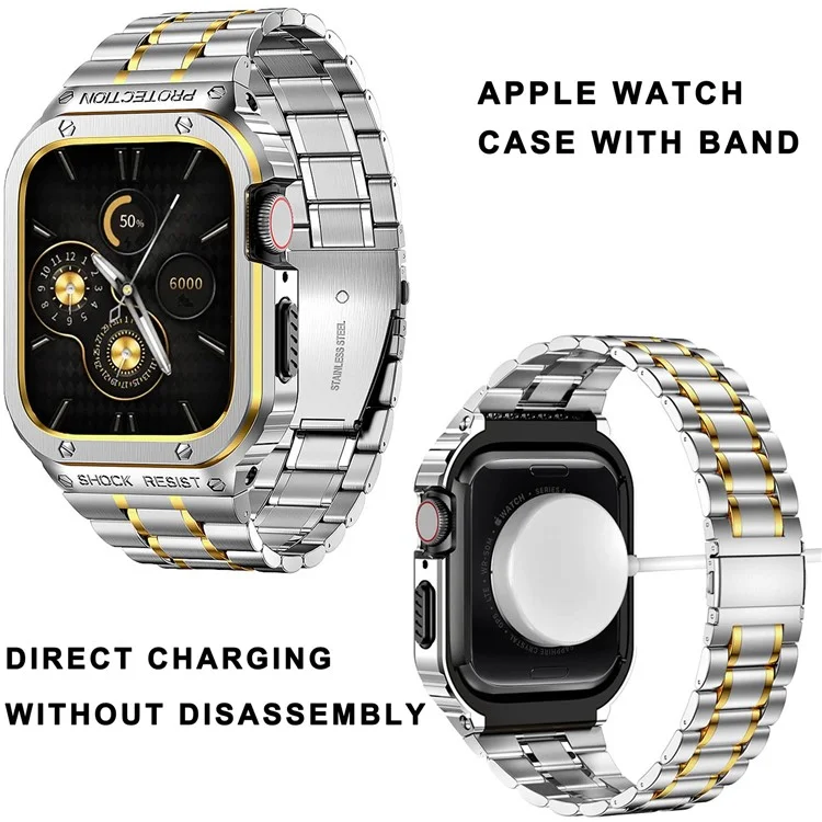 For Apple Watch Series 6 / 5 / 4 / SE (2022) / SE 44mm 5 Beads Metal Watch Strap Integral Watch Band with Case - Silver / Gold