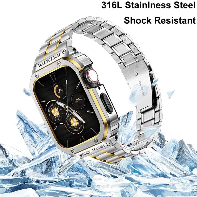 5 Beads Metal Watch Strap for Apple Watch Ultra 49mm Integral Watch Band Replacement with Case - Silver / Gold
