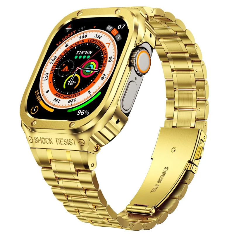 Correa de reloj de metal con 5 cuentas para Apple Watch Ultra de 49 mm, banda de reloj integral de repuesto con caja - Oro