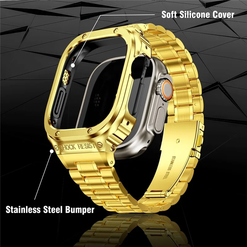 Correa de reloj de metal con 5 cuentas para Apple Watch Ultra de 49 mm, banda de reloj integral de repuesto con caja - Oro