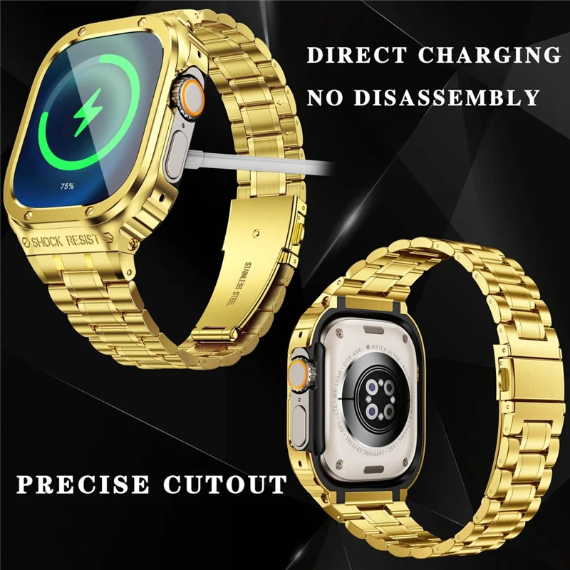 Correa de reloj de metal con 5 cuentas para Apple Watch Ultra de 49 mm, banda de reloj integral de repuesto con caja - Oro
