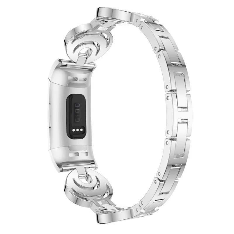 Metal Wrist Band for Fitbit Charge 6 / 5 Watch Strap Moon Design Rhinestones Decor Replacement - Silver