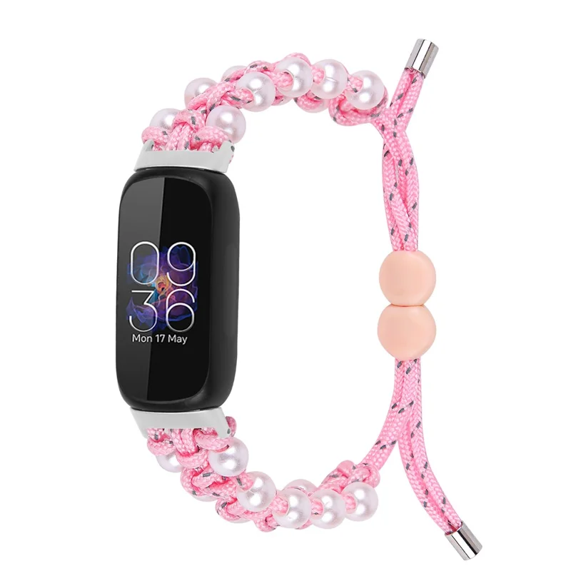 Für Fitbit Inspire 3 Pearl Decor Verstellbares geflochtenes Seil Armband Stilvolle Smartwatch-Armband - Pink