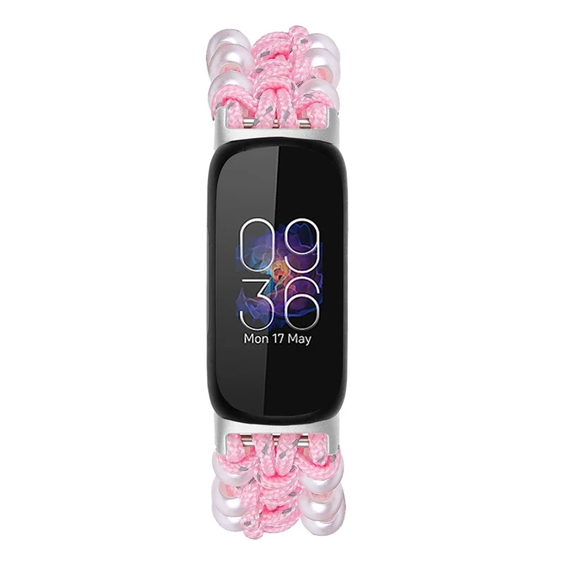 Für Fitbit Inspire 3 Pearl Decor Verstellbares geflochtenes Seil Armband Stilvolle Smartwatch-Armband - Pink