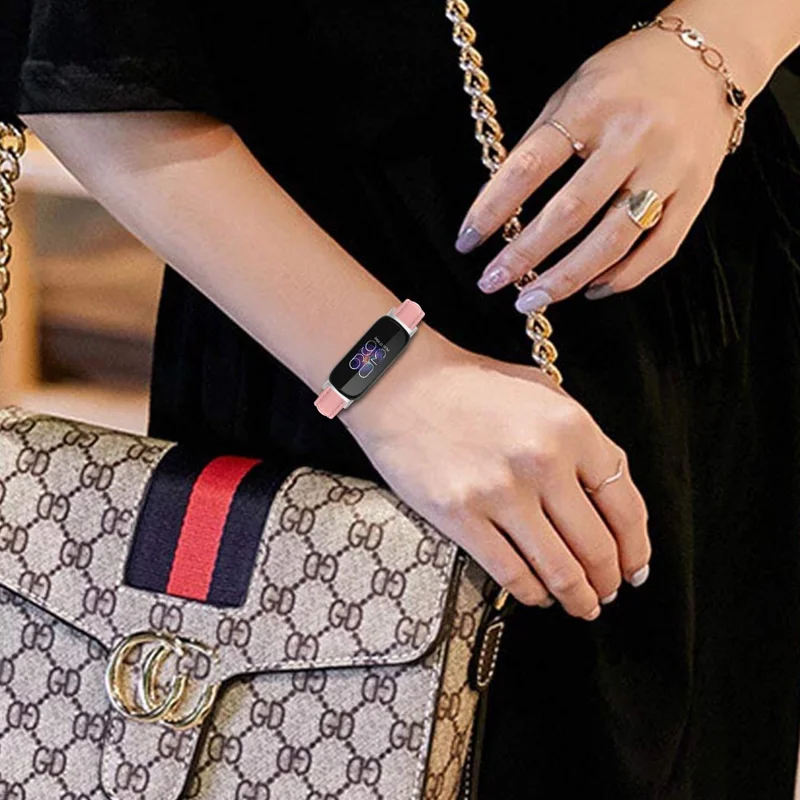 For Fitbit Inspire 3 Replacement Strap Bamboo Grain PU Leather Adjustable Watch Band - Pink