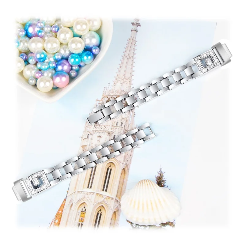 Para Fitbit Inspire 3 G-shape Rhinestone Decor Metal Wrist Strap Replacement Watch Band - Silver