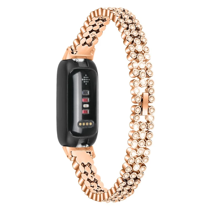 Per Fitbit Inspire 3 Rhinestone Decor Alloy Wrist Strap Replacement Smartwatch Band - Rose Gold