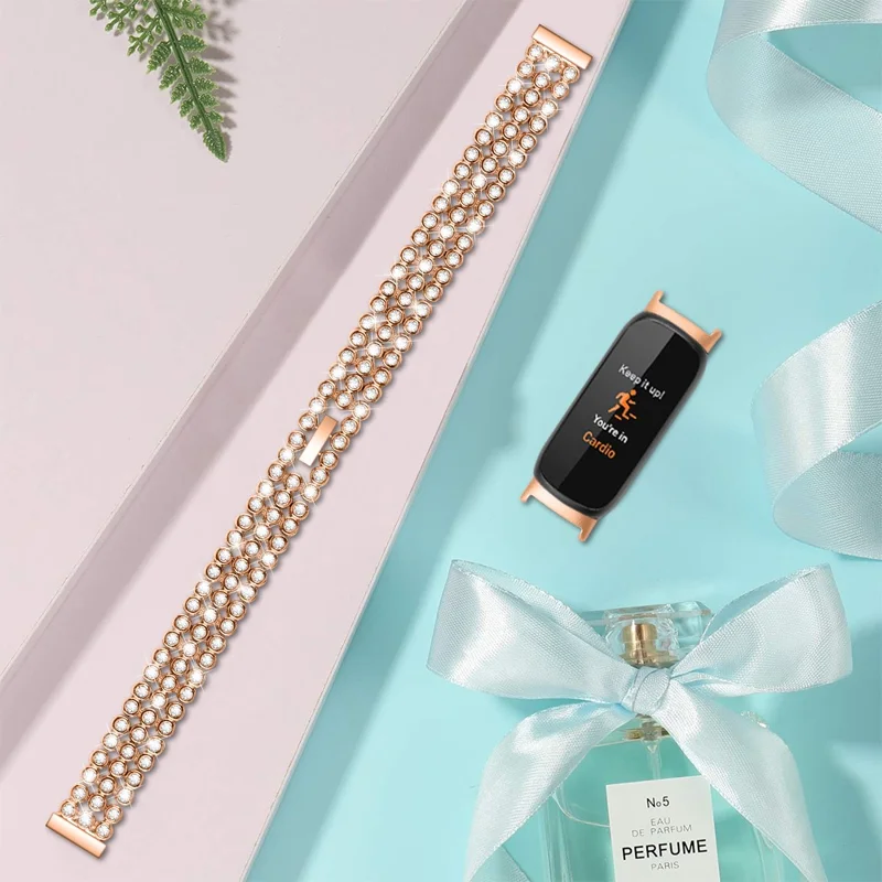 Per Fitbit Inspire 3 Rhinestone Decor Alloy Wrist Strap Replacement Smartwatch Band - Rose Gold