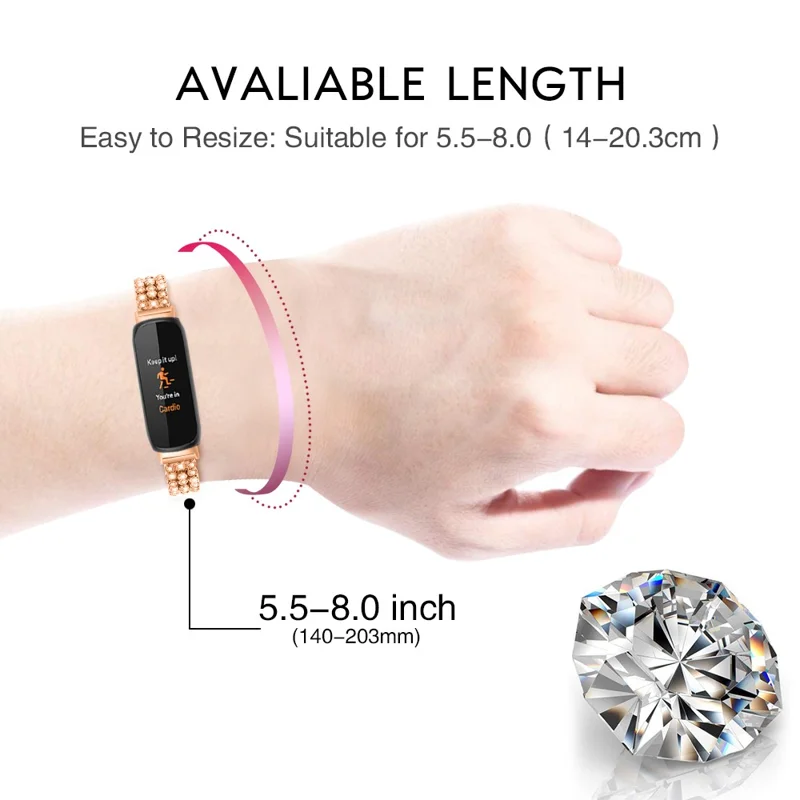 Per Fitbit Inspire 3 Rhinestone Decor Alloy Wrist Strap Replacement Smartwatch Band - Rose Gold