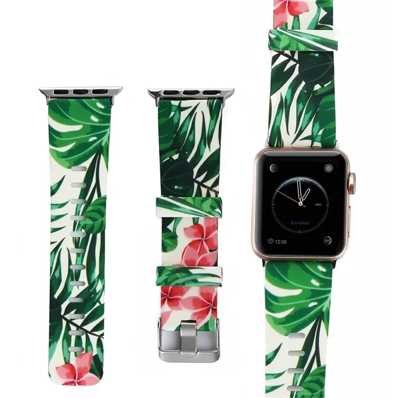 For Apple Watch Series 1 / 2 / 3 38mm Silicone Watchband with Transparent TPU Case Pattern Printed Waxy Cowhide Leather Watchband - Style E