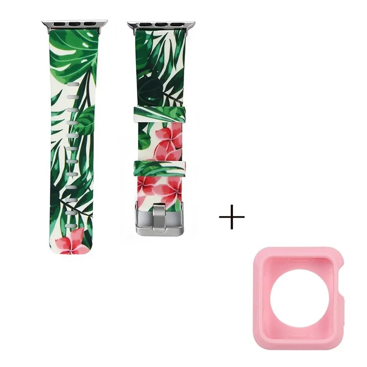 For Apple Watch Series 1 / 2 / 3 42mm Silicone Watch Band Pattern Printing Watch Strap with Pink TPU Case - Style E