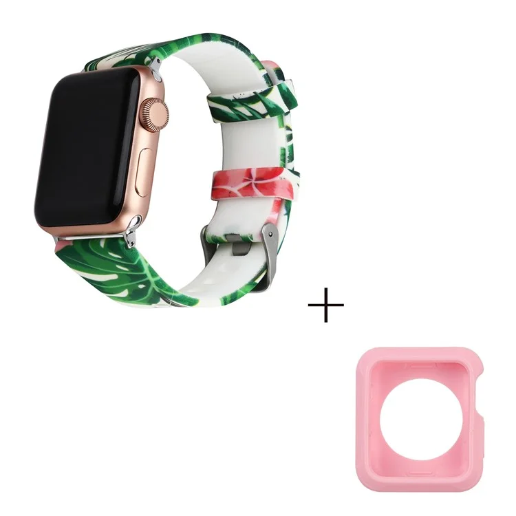 For Apple Watch Series 1 / 2 / 3 42mm Silicone Watch Band Pattern Printing Watch Strap with Pink TPU Case - Style E