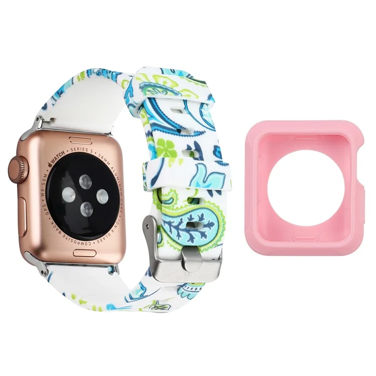 For Apple Watch Series 1 / 2 / 3 42mm Silicone Watch Band Pattern Printing Watch Strap with Pink TPU Case - Style F