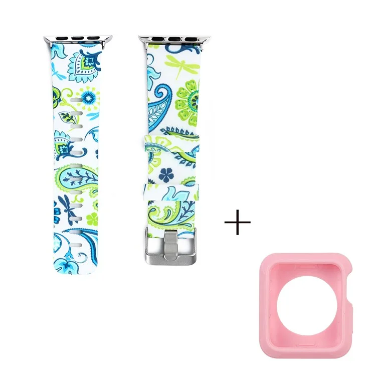 For Apple Watch Series 1 / 2 / 3 42mm Silicone Watch Band Pattern Printing Watch Strap with Pink TPU Case - Style F