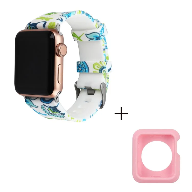 For Apple Watch Series 1 / 2 / 3 42mm Silicone Watch Band Pattern Printing Watch Strap with Pink TPU Case - Style F