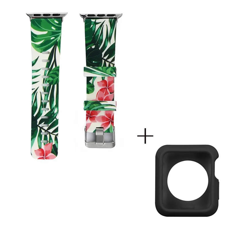 For Apple Watch Series 1  /  2  /  3 38mm Replace Silicone Strap Pattern Printing Watch Band with Black TPU Case - Style E