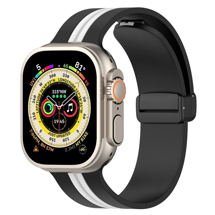 Pour Apple Watch Series 10 46mm / Ultra 2 Ultra 49mm / Series 9 8 7 45mm / 6 5 4 SE (2023) SE (2022) SE 44mm / 3 2 1 42mm Dual Color Magnetic Buckle Strap Silicone Watch Band - Noir / Blanc