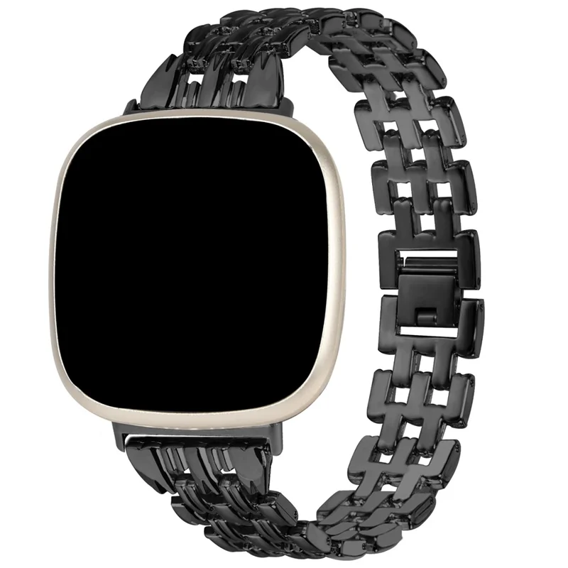 For Fitbit Versa 4 / Sense 2 Stainless Steel Replacement Strap Hollow 5 Beads Metal Watch Band - Black