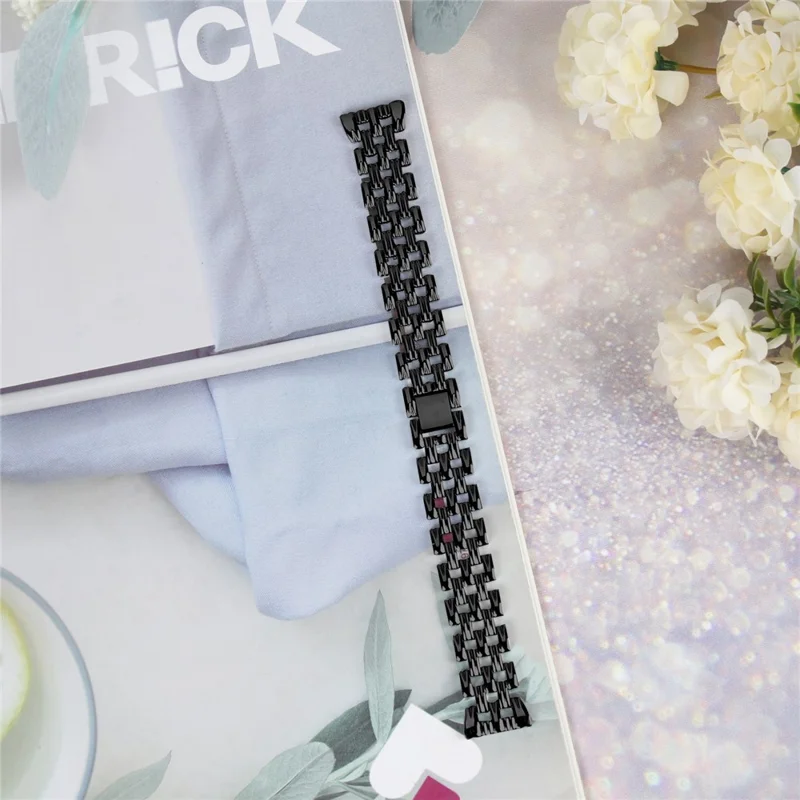 For Fitbit Versa 4 / Sense 2 Stainless Steel Replacement Strap Hollow 5 Beads Metal Watch Band - Black