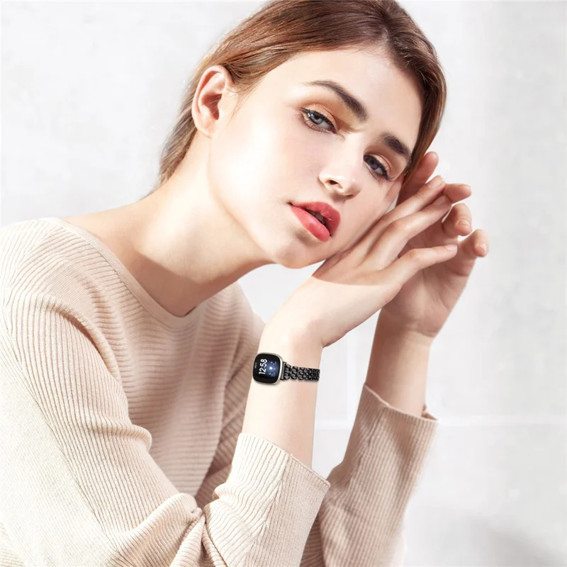 For Fitbit Versa 4 / Sense 2 Stainless Steel Replacement Strap Hollow 5 Beads Metal Watch Band - Black