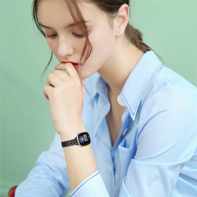 For Fitbit Versa 4 / Sense 2 Stainless Steel Replacement Strap Hollow 5 Beads Metal Watch Band - Black