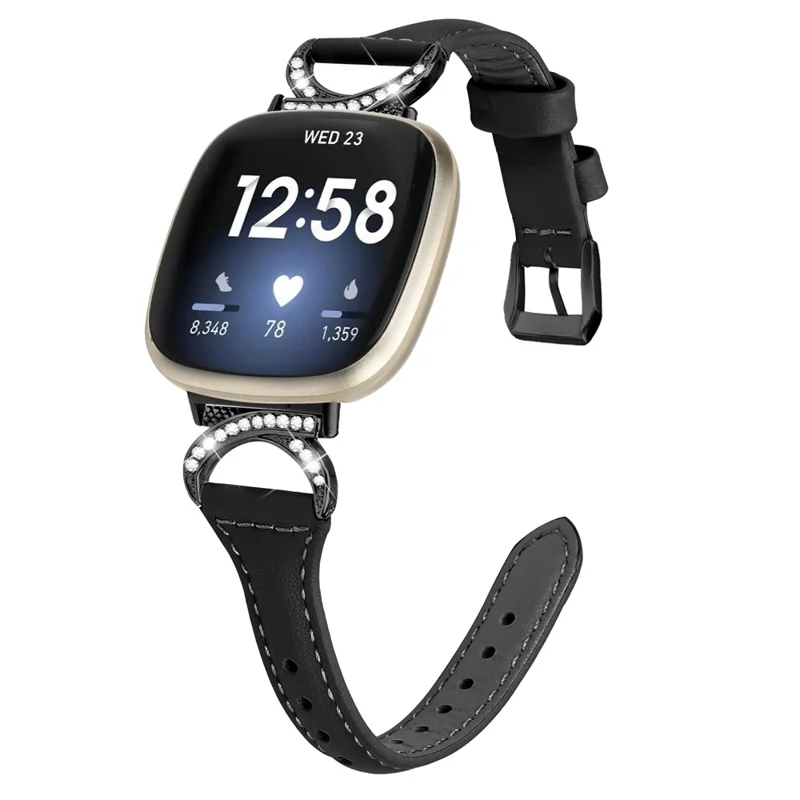 For Fitbit Versa 3 / Versa 4 / Sense / Sense 2 Rhinestone Watch Strap Genuine Cowhide Leather Watch Band with Black Buckle - Black