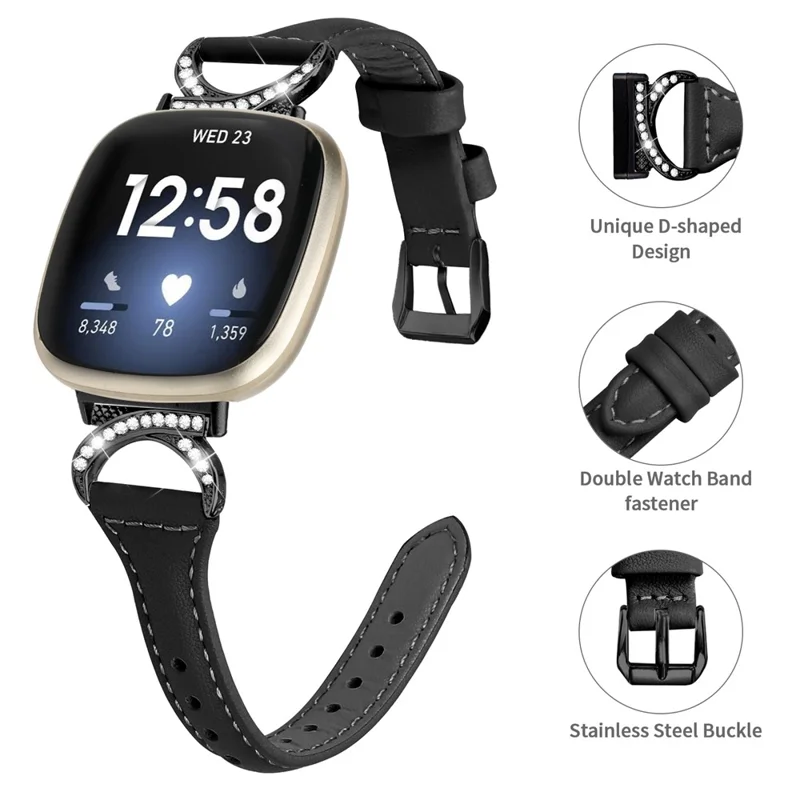For Fitbit Versa 3 / Versa 4 / Sense / Sense 2 Rhinestone Watch Strap Genuine Cowhide Leather Watch Band with Black Buckle - Black