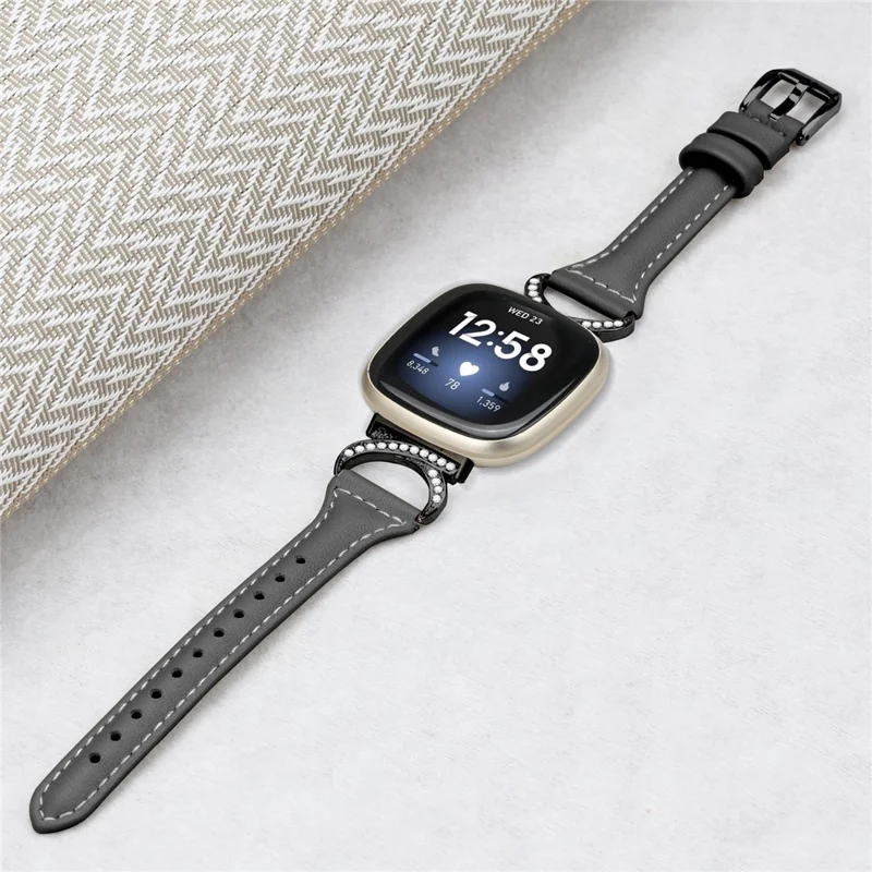 For Fitbit Versa 3 / Versa 4 / Sense / Sense 2 Rhinestone Watch Strap Genuine Cowhide Leather Watch Band with Black Buckle - Black
