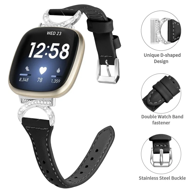 Per Fitbit Versa 3 / Versa 4 / Sense / Sense 2 Watch Band Rhinestone Genuine Cowhide Leather Strap with Silver Buckle - Black