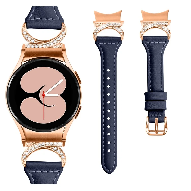 Per Samsung Galaxy Watch6 40mm 44mm / Watch6 Classic 43mm 47mm / Watch 5 40mm 44mm / Watch4 40mm 44mm Cinturino in Pelle con Strass e Fibbia in Oro Rosa - Blu Inchiostro
