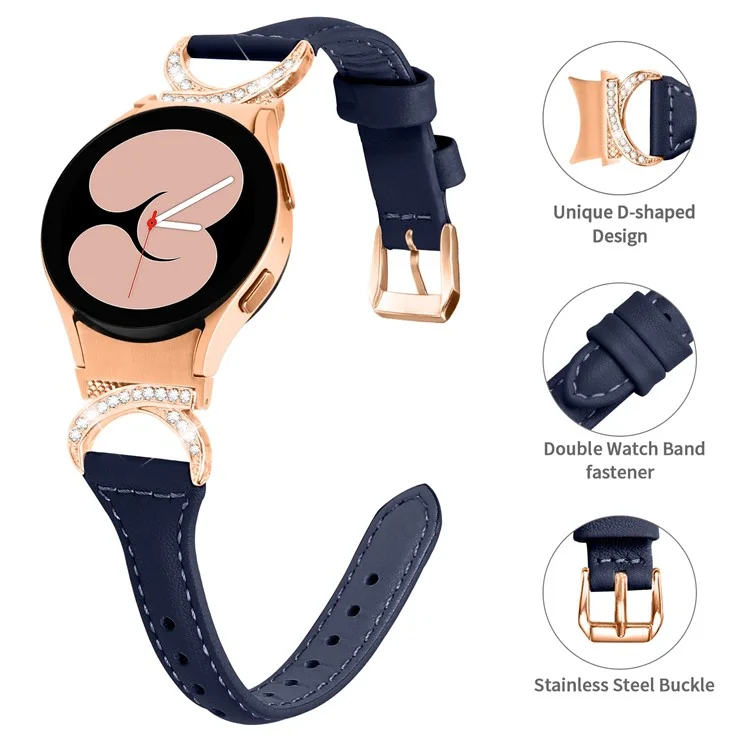 Per Samsung Galaxy Watch6 40mm 44mm / Watch6 Classic 43mm 47mm / Watch 5 40mm 44mm / Watch4 40mm 44mm Cinturino in Pelle con Strass e Fibbia in Oro Rosa - Blu Inchiostro